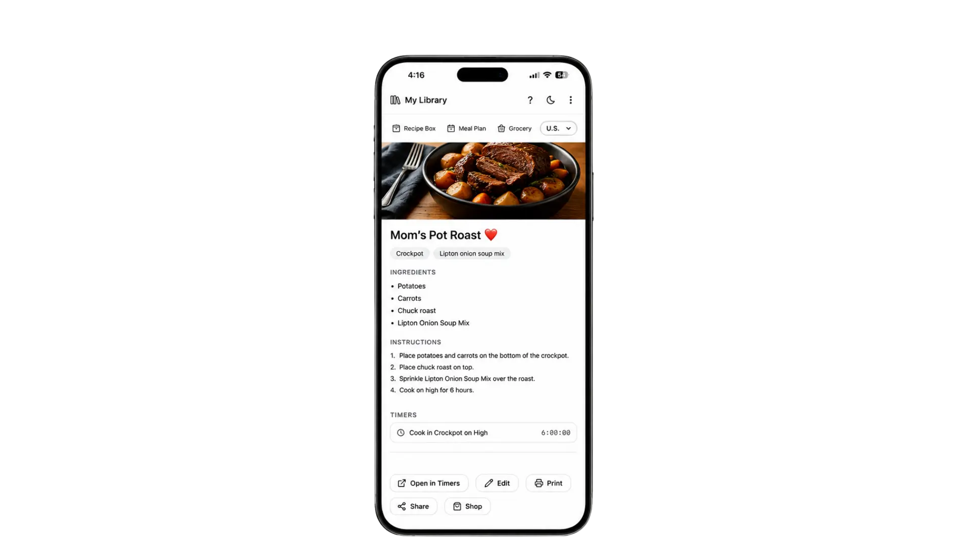 Cooking Timers Recipe Library shown on an iPhone with a saved pot roast recipe, ingredients, instructions, and a cooking timer.