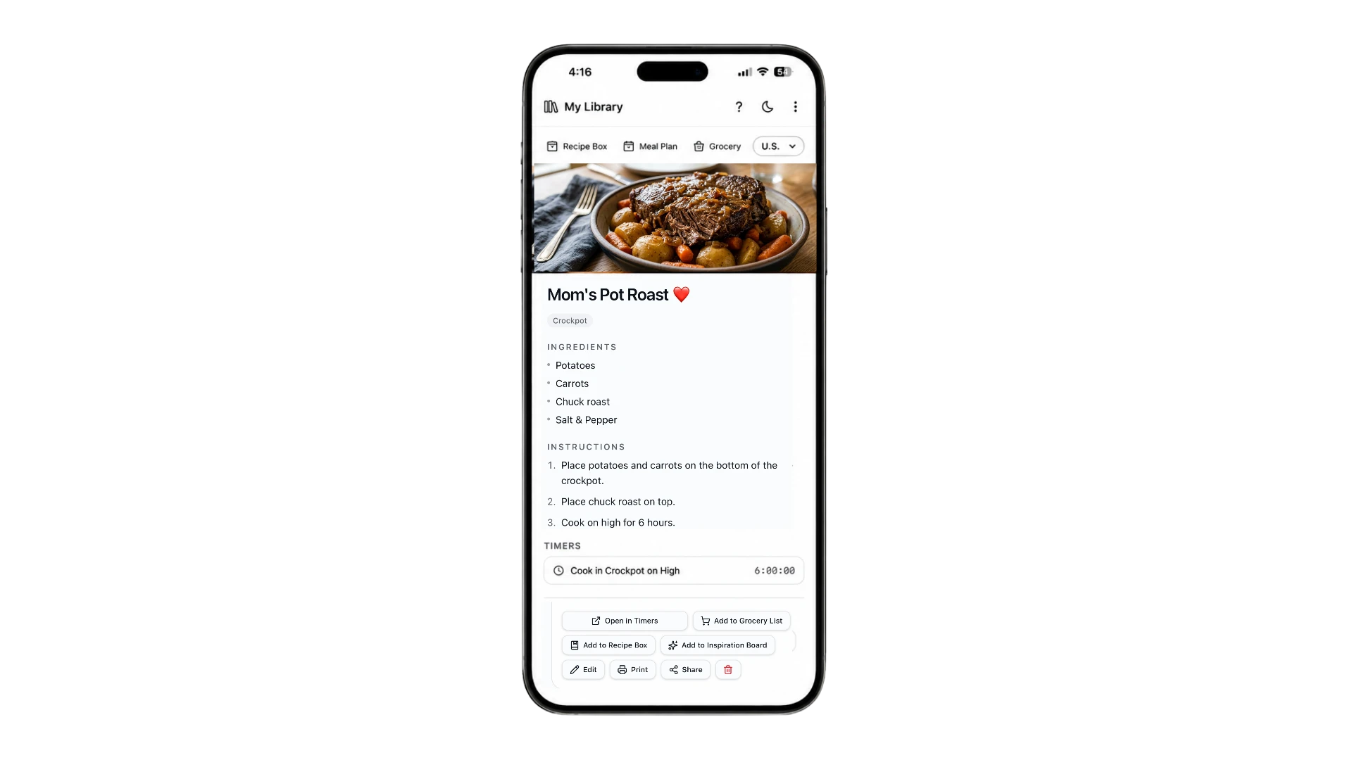 Cooking Timers Recipe Library shown on an iPhone with a saved pot roast recipe, ingredients, instructions, and a cooking timer.